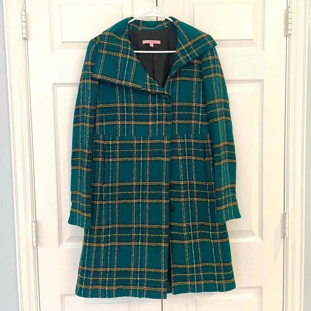 Vintage Y2K Green Plaid Pea Coat Jacket Size 6 M Button Front Preppy Cottagecore - Picture 3 of 5